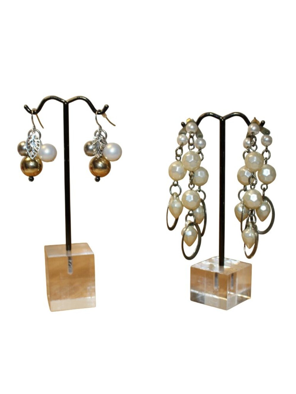 Lot of 2 Faux Pearl Dangle Earrings Chandelier Hoops Gold Silver Leaf Charm